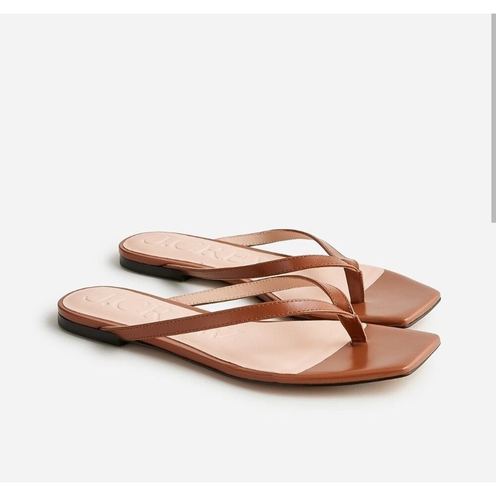 J. Crew Factory Brown Leather Square-Toe Flip Flop Sandals